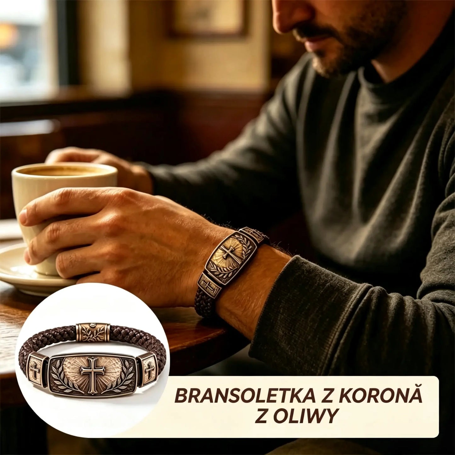 🎁Męska pleciona bransoletka skórzana z krzyżem i gałązką oliwną, vintage metal, wyjątkowy prezent