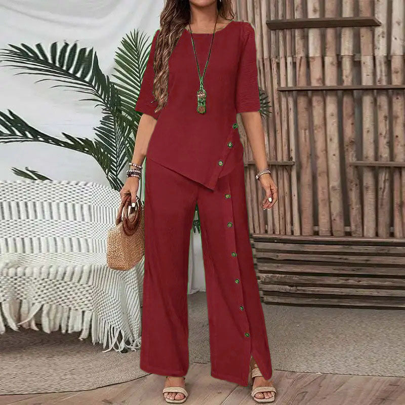 💐【S-5XL】Novi ženski dvodijelni set s nepravilnim rubom, elegantne, moderne, ležerne hlače na kopčanje, širokog kroja.