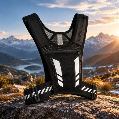 🏃 Chaleco para correr y practicar deportes con bolsillo frontal · Compartimento para el móvil con cremallera · Soporte trasero para botella de agua · Detalles reflectantes para la noche · ¡Malla transpirable y correas ajustables!