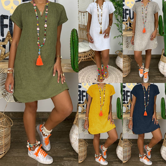 💥Ofertă limitată în timp💥【S-5XL】💐Rochie midi confortabilă din bumbac și in, cu decolteu în V, la modă și confortabilă, nou-venită